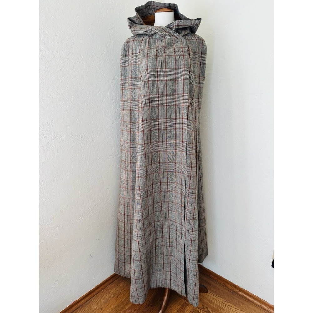 Vintage Hooded Maxi Cape Cloak Glen Plaid Wool Feel Full Length Lined Arm Slits - Picture 2 of 9